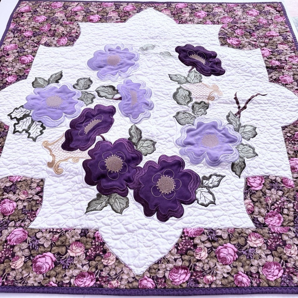 Handmade Quilt Throw Lap Blanket Patchwork Purple VTG 32" Floral Retro Country